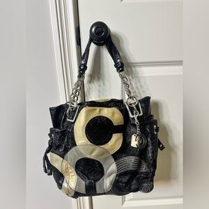 Coach Peyton Inlaid C black patent leather tote bag nickel hardware with hangtag
